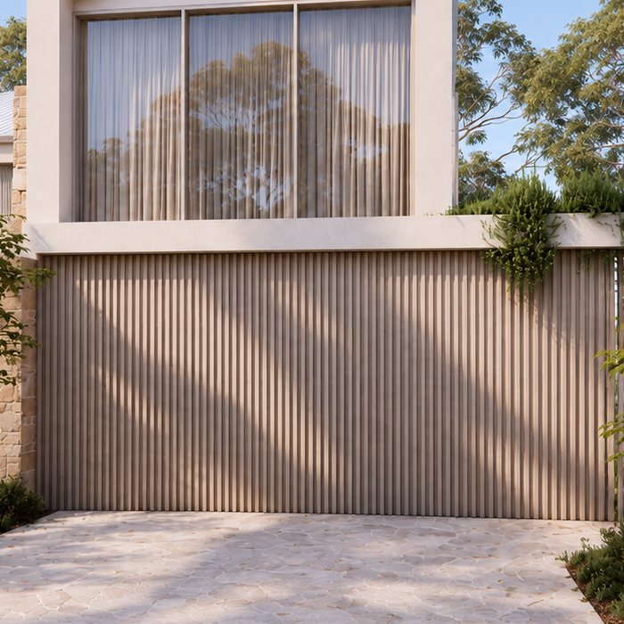 Close-up render of vertical timber battens beneath a framed window.