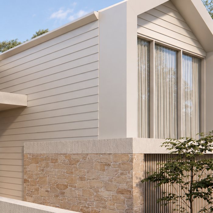 Close-up render of horizontal cladding above a natural stone wall.