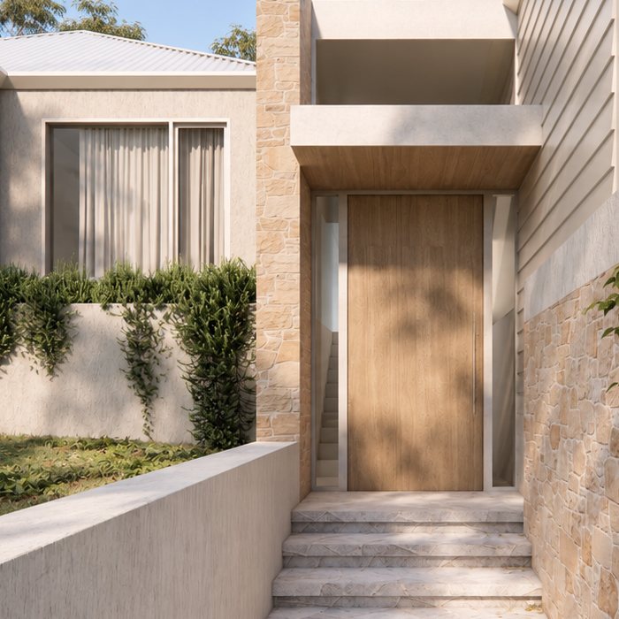 Close-up render of a timber front door beside a stone pier under a slim canopy.