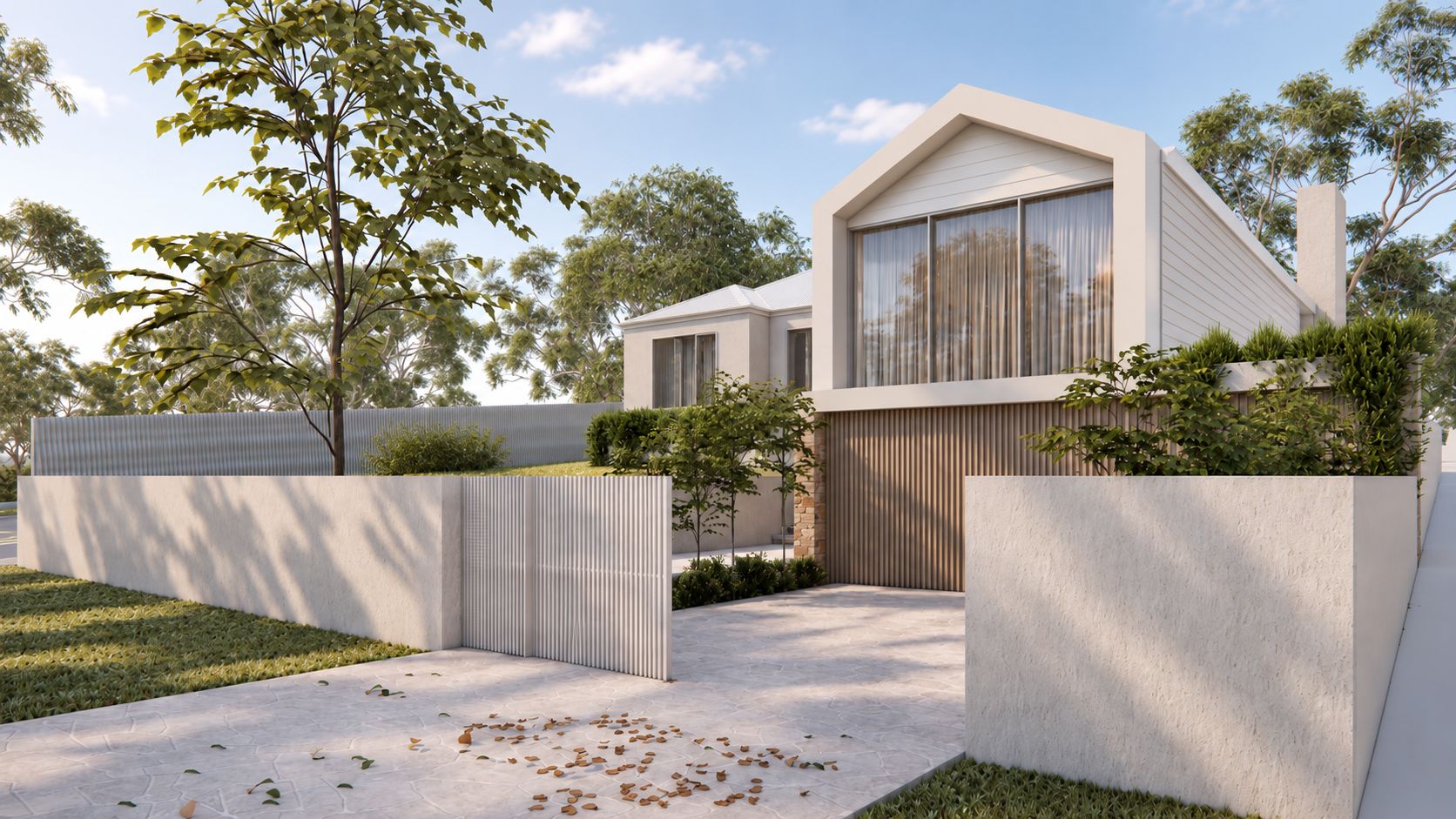Render of the driveway approach with a vertical screen gate and the gabled facade above.