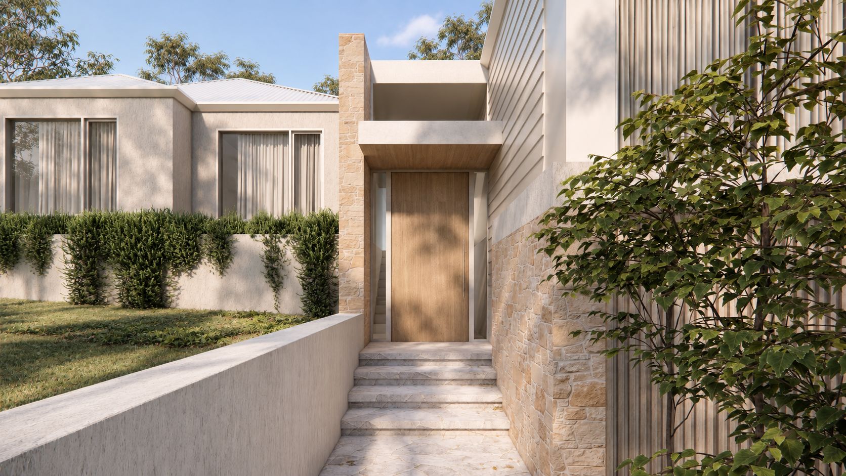 Render detail of a timber front door under a slim canopy, reached by stone steps.