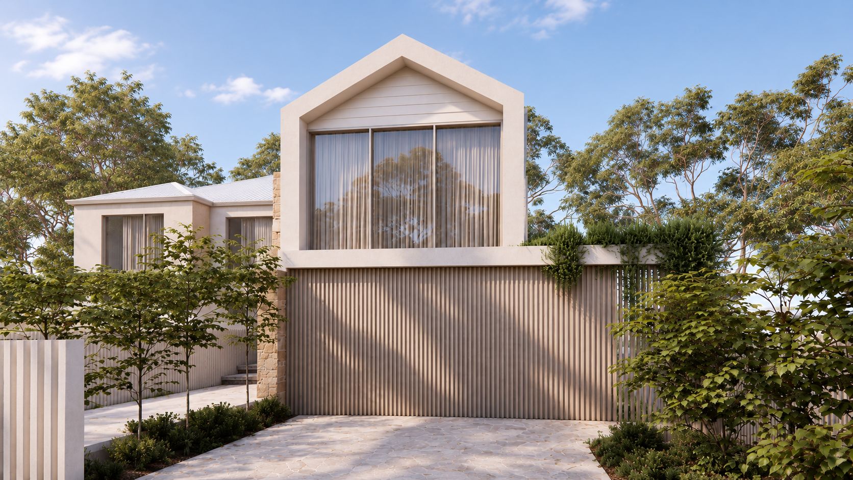 Straight-on render of the gable above a long vertical timber batten screen.