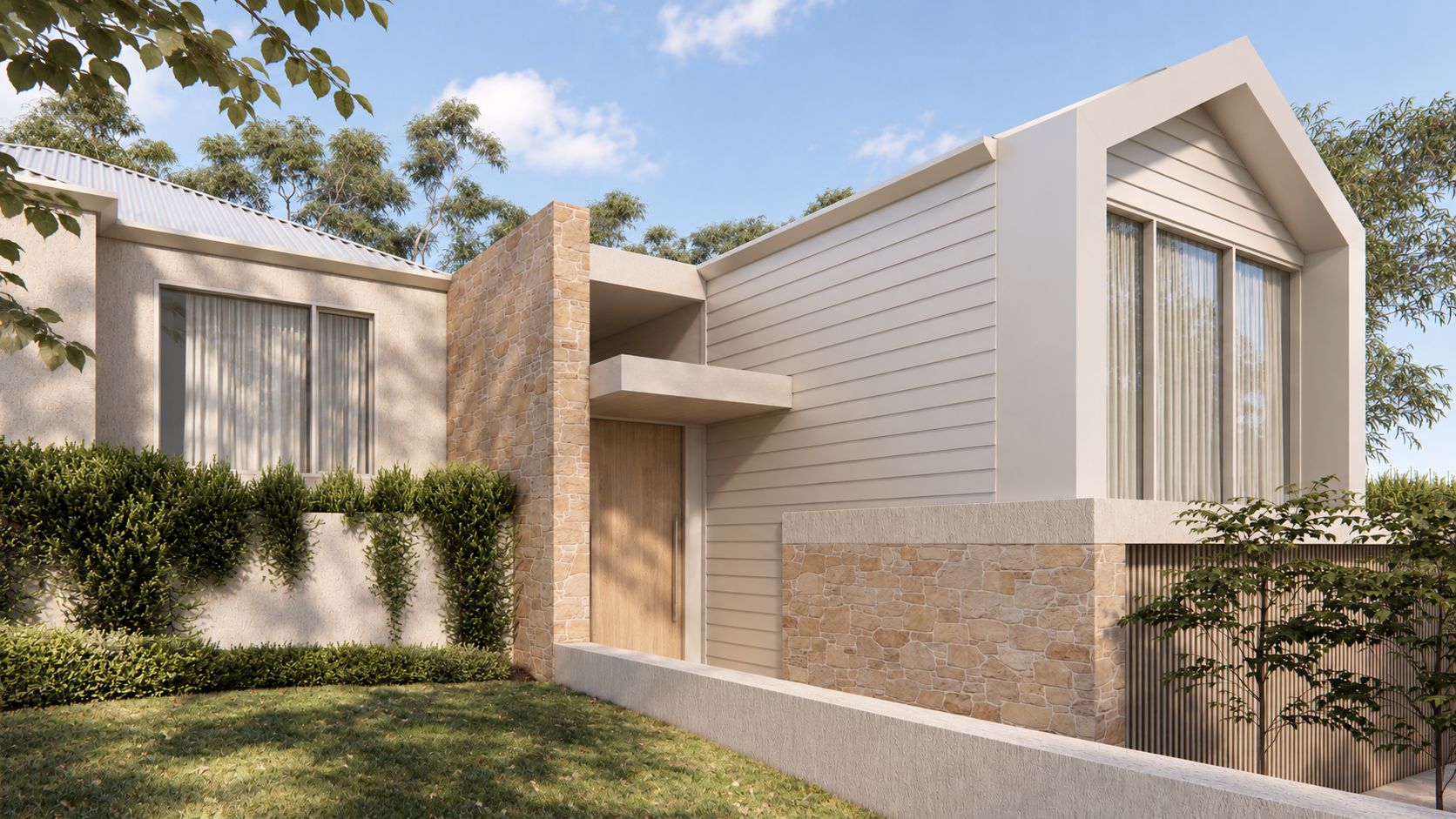 Render of an entry with a natural stone feature wall, a timber front door and a gabled upper level.