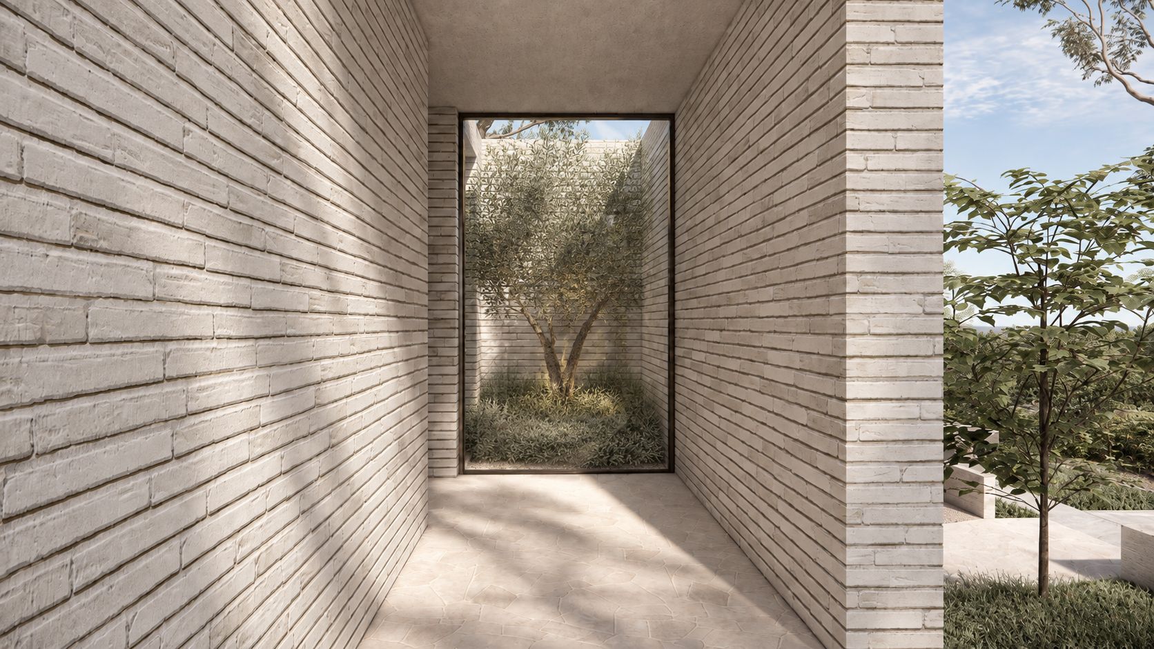 Render of a brick-lined passage opening to a courtyard with an olive tree.