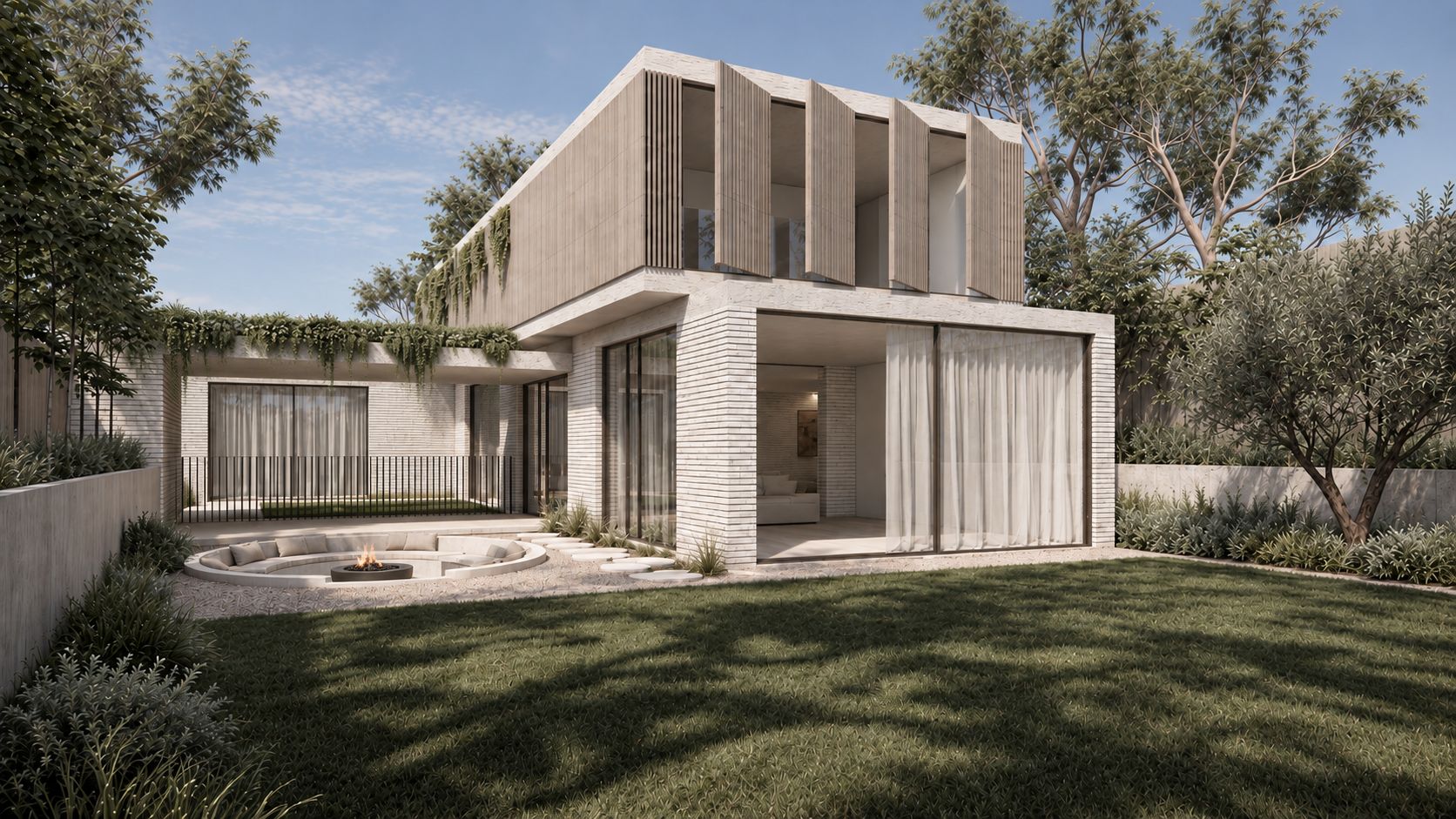 Render of a pale brick two-storey home with a timber-screened upper level, a sunken fire pit and a lawn.