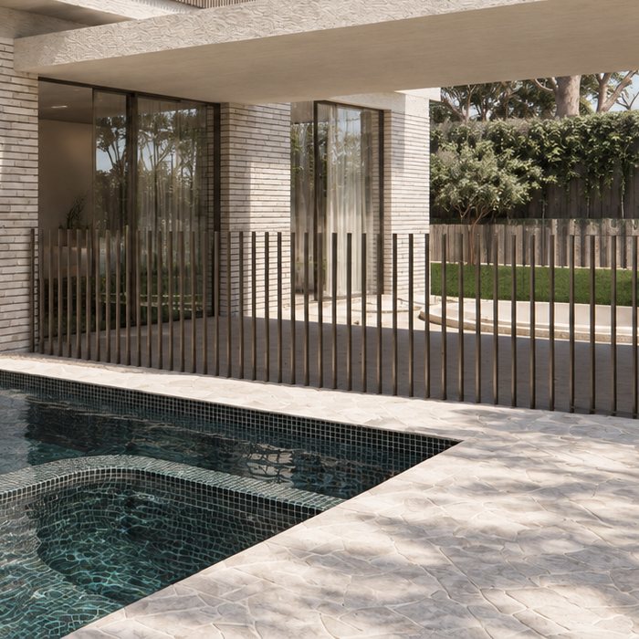 Close-up render of the pool edge, paving and a slim vertical balustrade.