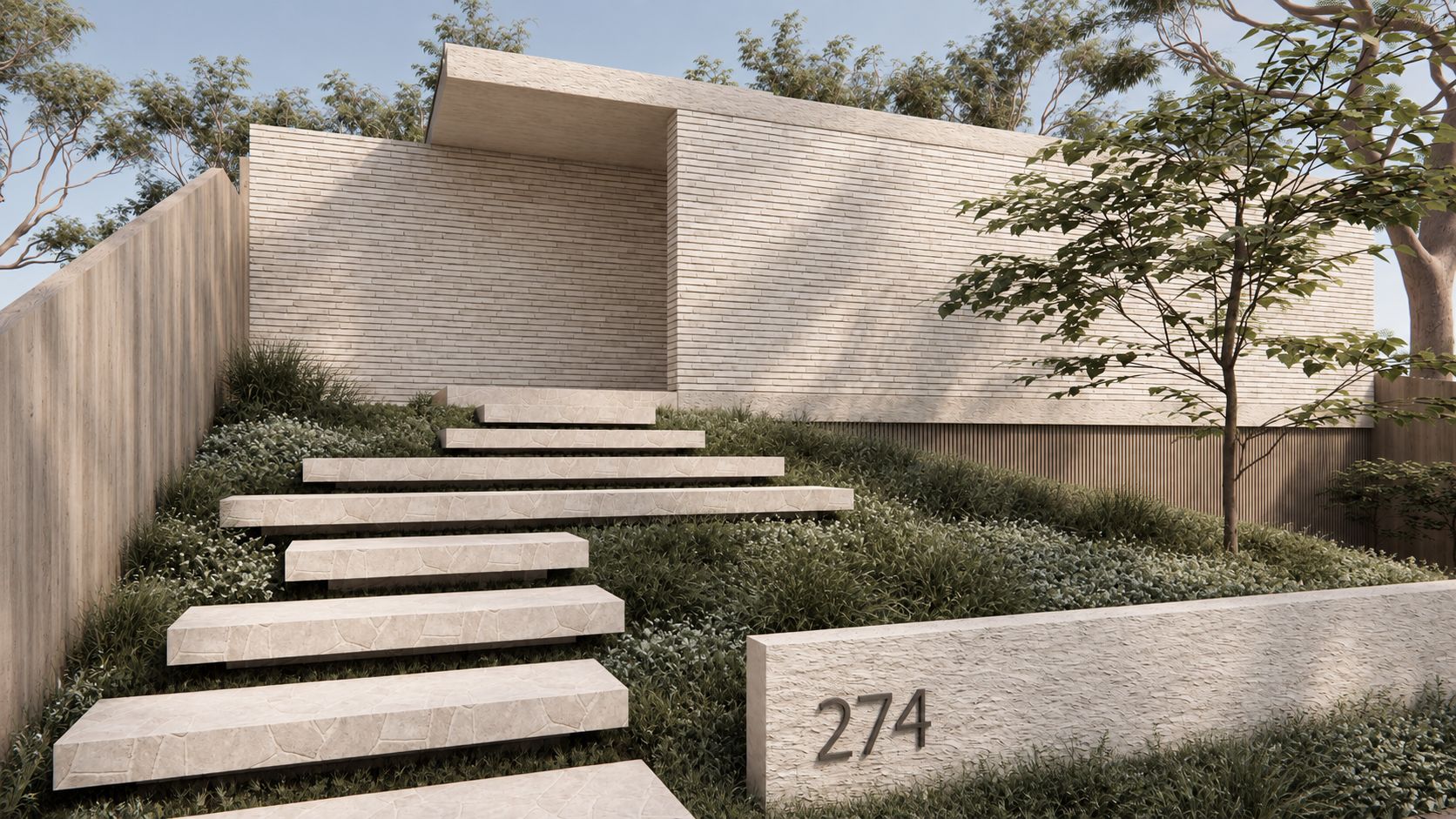 Render of floating stone steps climbing a planted slope beside a rendered wall with the house number 274.