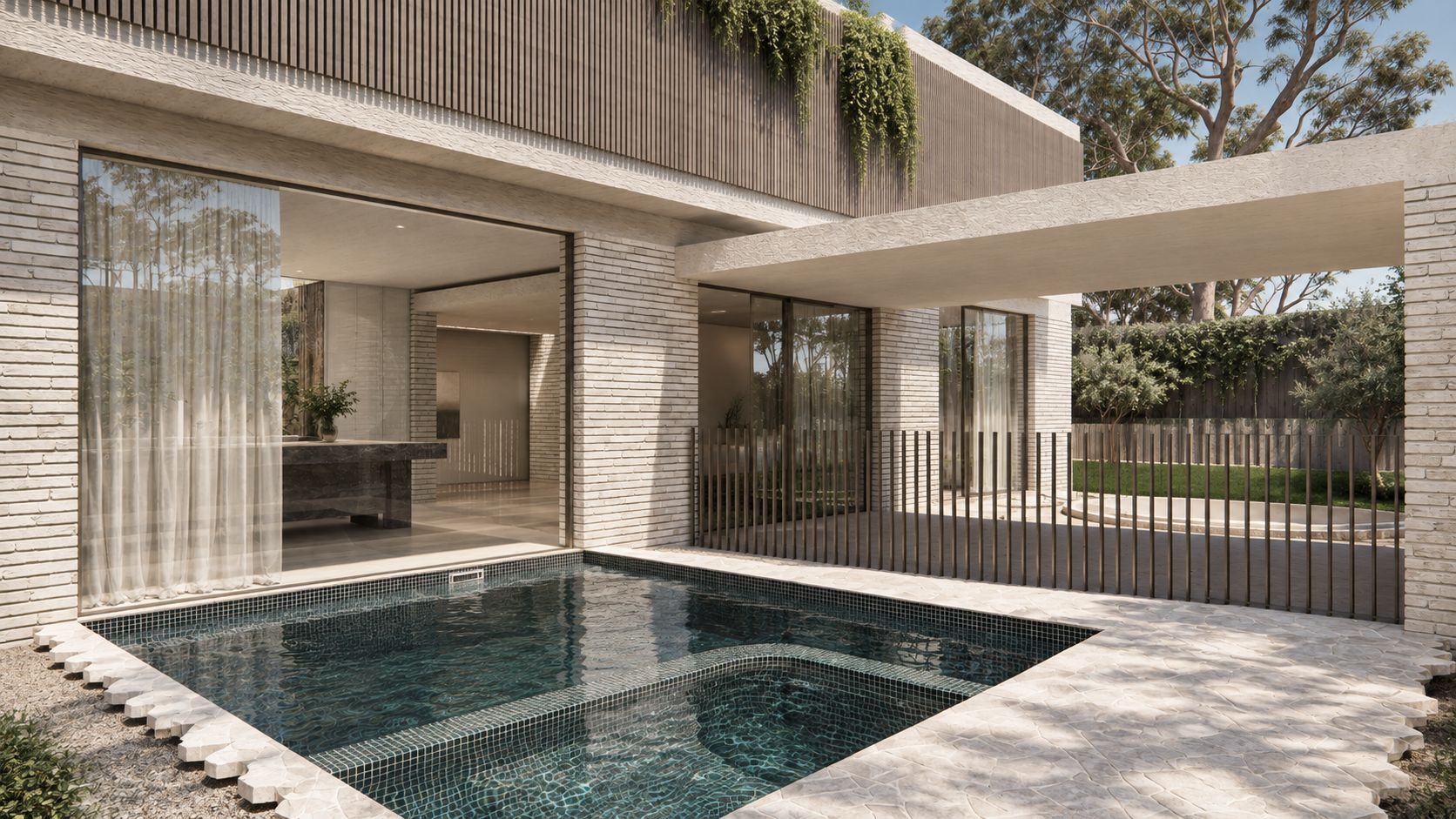 Render of a pool terrace with floor-to-ceiling glazing beneath a timber-screened upper level.