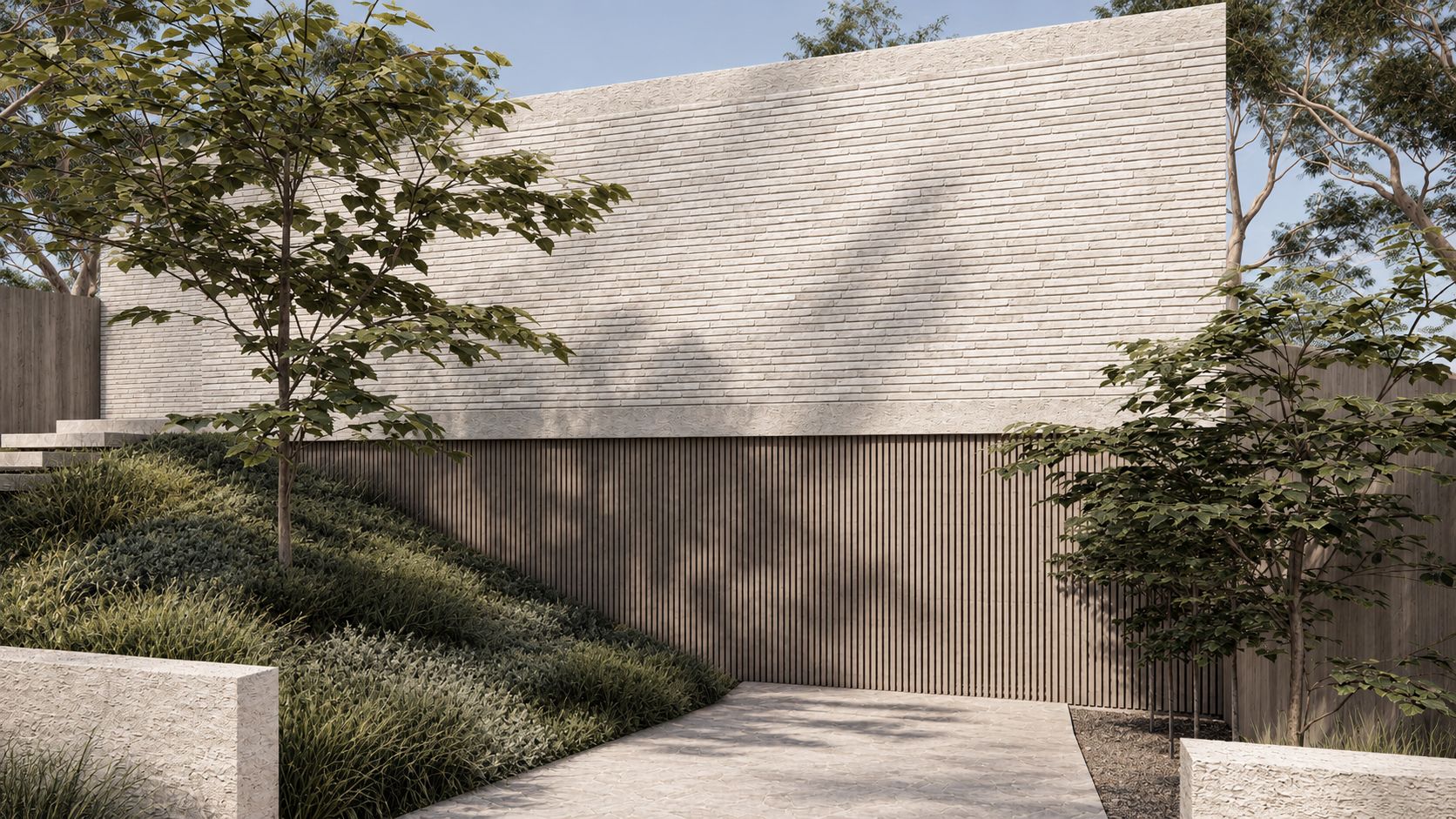 Render of a pale brick wall above a vertical timber screen, set into a planted slope.
